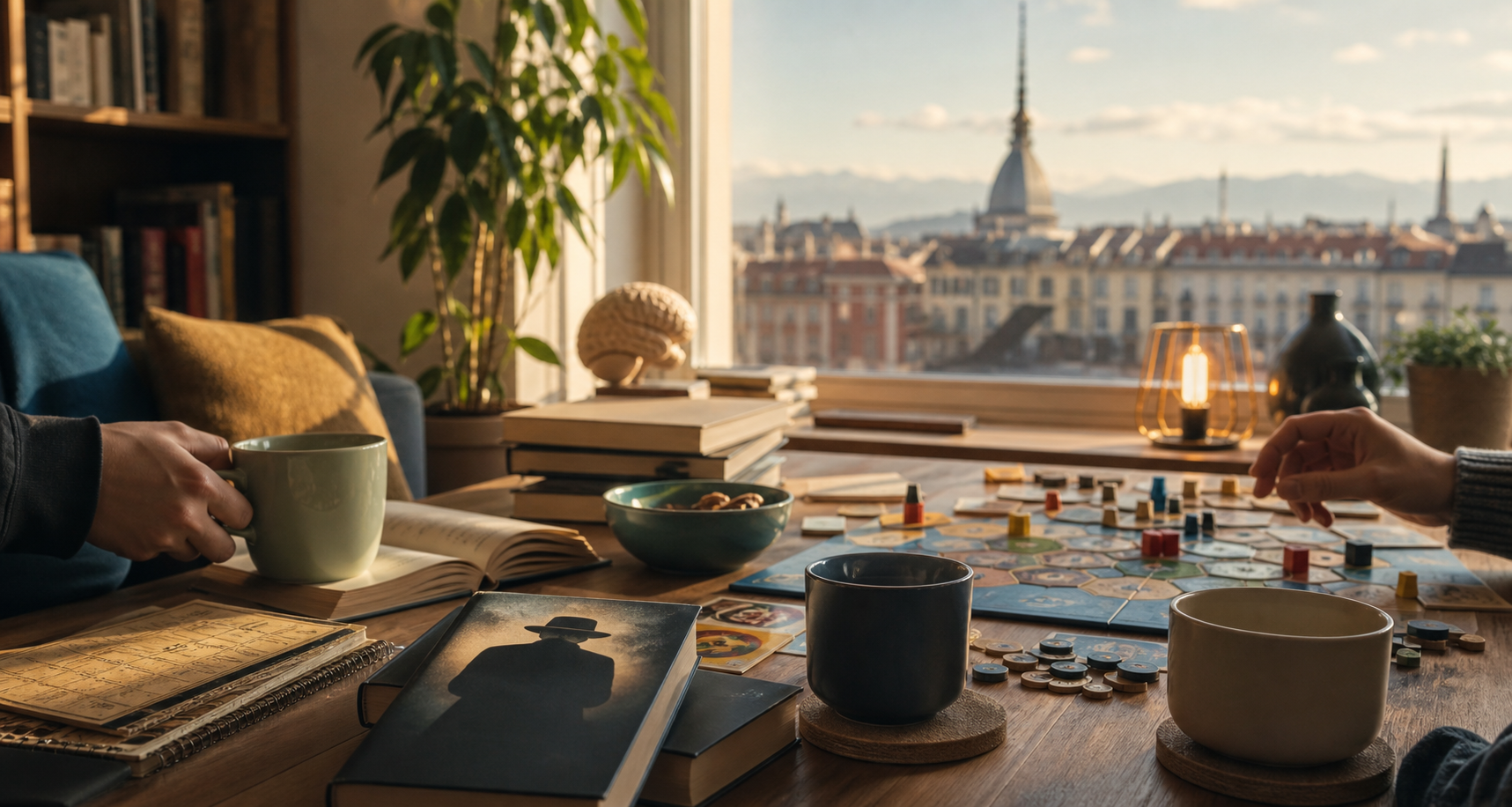 Scrivania personale con tecnologia, libri e giochi da tavolo